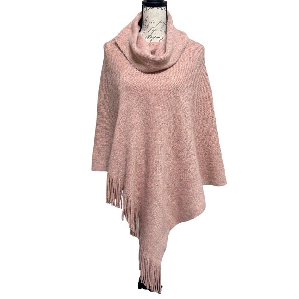 Chico’s Cozy Stripe Cowl Neck Poncho O/S Mellow Rose Pink Metallic Fringed NEW
